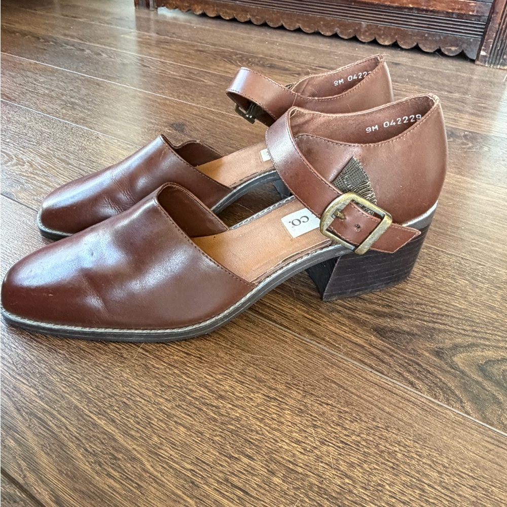 Brown Leather Mary Jane Block Heel Clogs with Buckle Strap